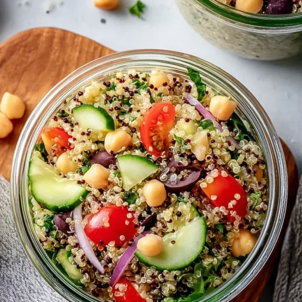 Colorful and healthy quinoa salad with fresh vegetables and dressing
