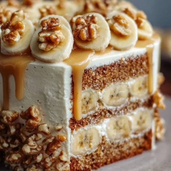 Heavenly Banana Walnut Cream Cake topped with nuts and cream