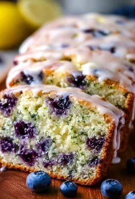 Homemade blueberry zucchini bread with lemon glaze on a rustic table