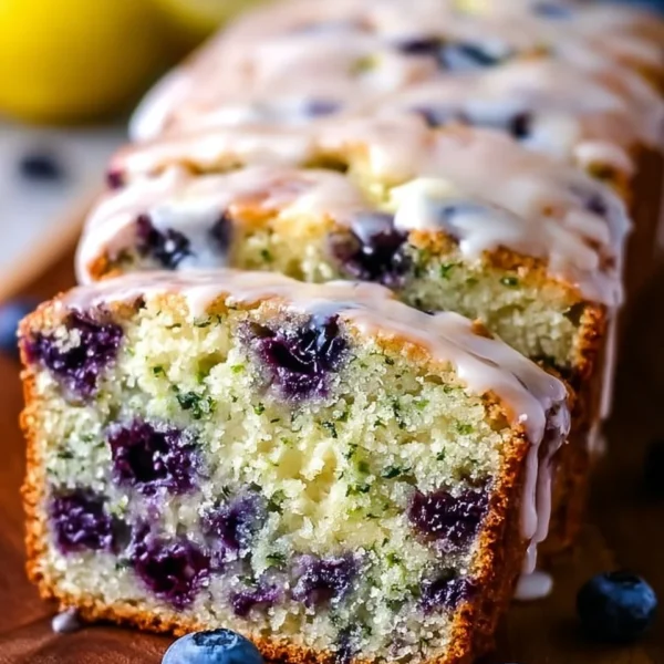Homemade blueberry zucchini bread with lemon glaze on a rustic table