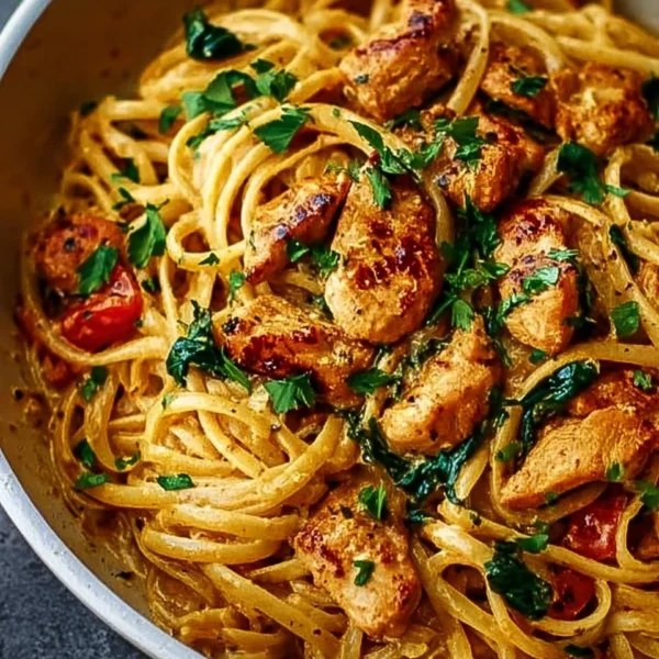 Plate of Cowboy Butter Chicken Linguine garnished with herbs