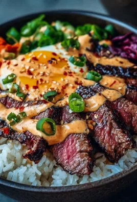 Delicious Korean BBQ Steak Rice Bowls with spicy cream sauce