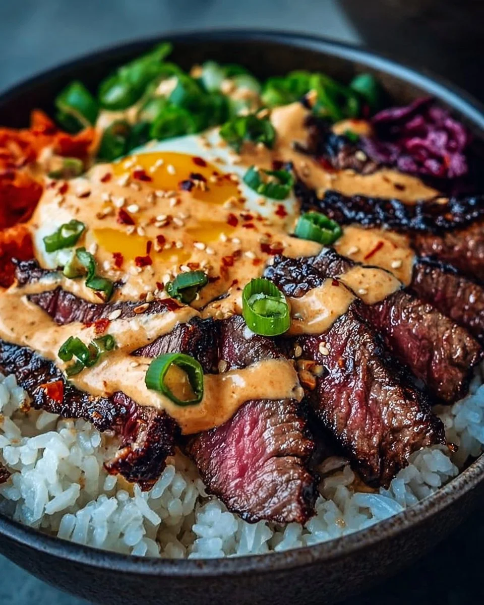 Irresistibly Easy Korean BBQ Steak Rice Bowls with Spicy Cream Sauce