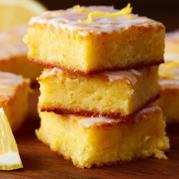Freshly baked lemon brownies with a glossy lemon glaze on top