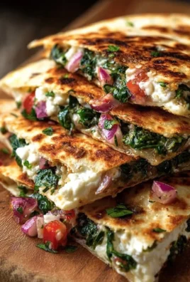 Mediterranean Quesadillas with spinach, feta, mozzarella, and red onion on a plate.