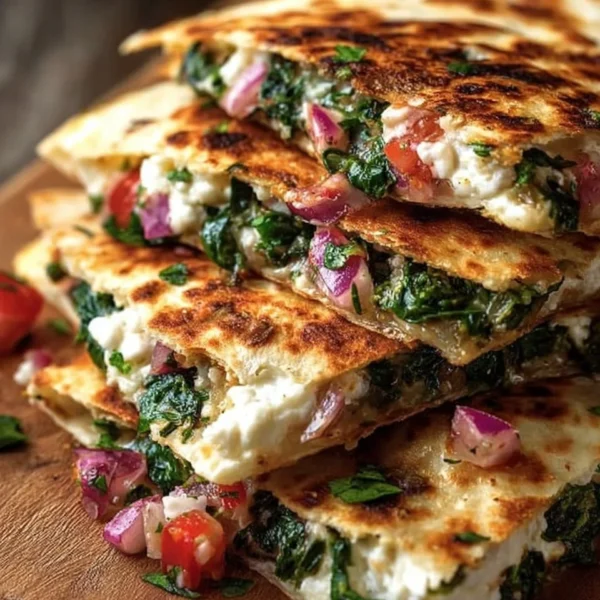 Mediterranean Quesadillas with spinach, feta, mozzarella, and red onion on a plate.