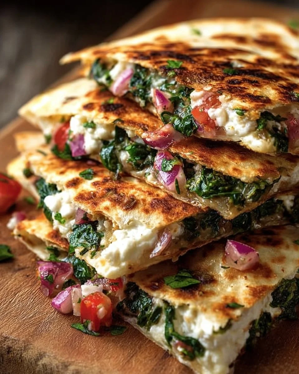 Mediterranean Quesadillas with Spinach, Feta, Mozzarella, and Red Onion