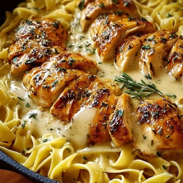 One-Pan Chicken served with creamy buttered noodles on a plate