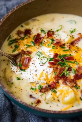 Creamy potato soup in a bowl garnished with herbs and served with crusty bread.