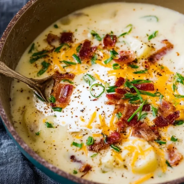 Creamy potato soup in a bowl garnished with herbs and served with crusty bread.