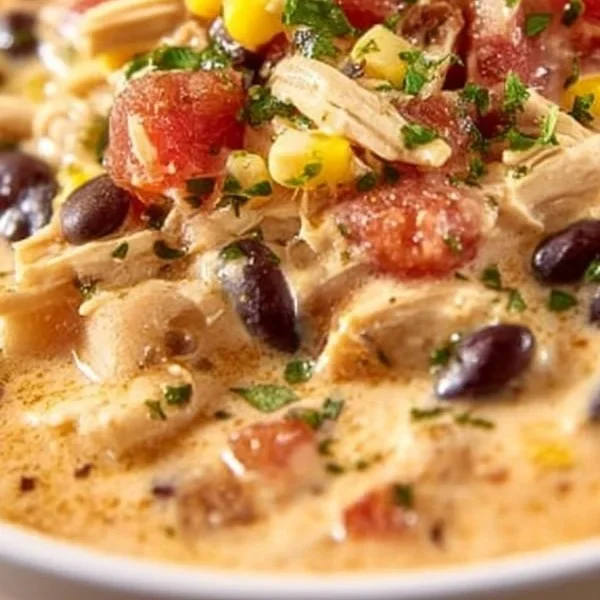 Bowl of Slow Cooker Cheesy Chicken Chili topped with cheese and herbs