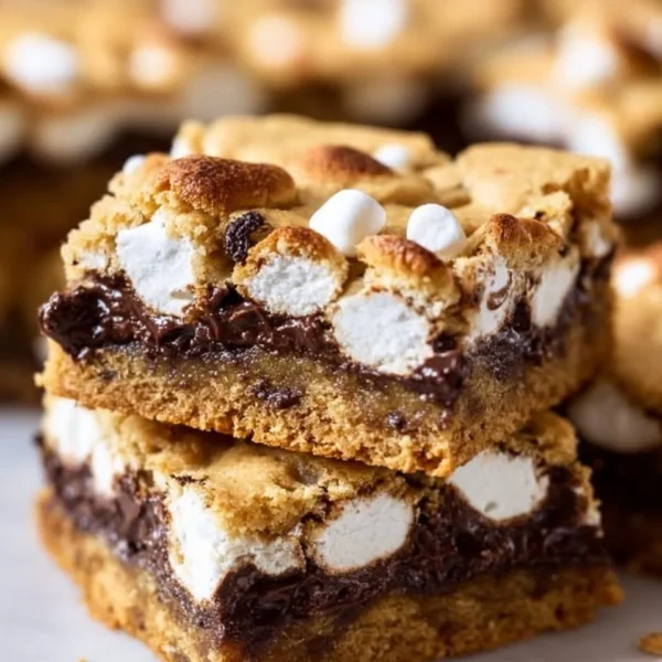 Delicious S'mores Cookie Bars topped with chocolate and marshmallows.