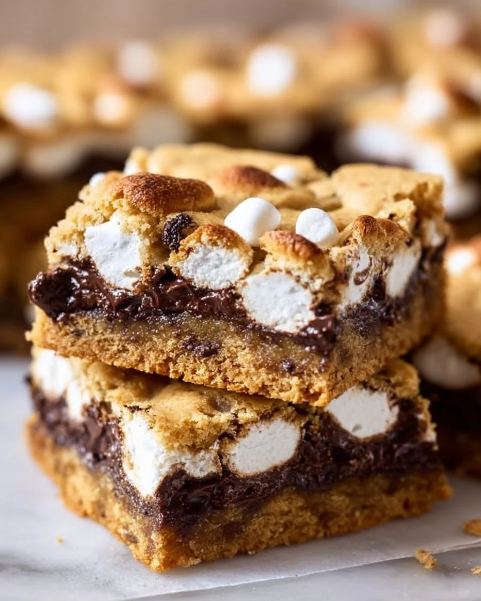 Delicious S'mores Cookie Bars topped with chocolate and marshmallows.