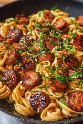 Sticky honey garlic sausage pasta skillet dish served in a bowl