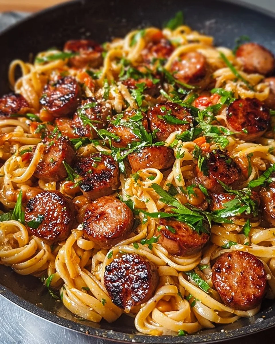 Sticky Honey Garlic Sausage Pasta Skillet