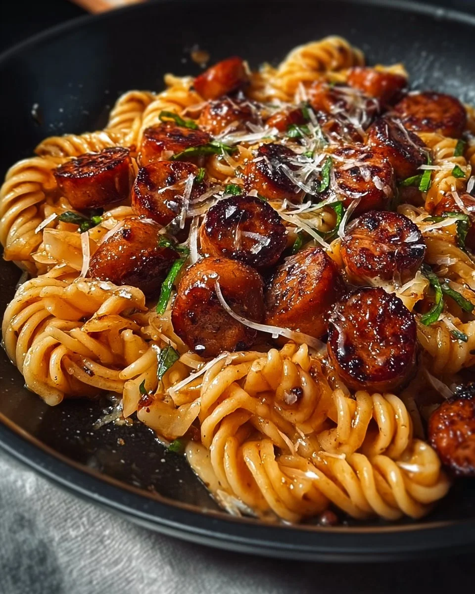 Sticky Honey Garlic Sausage Pasta Skillet