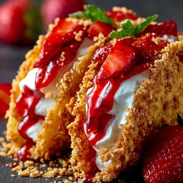 Strawberry Crunch Cheesecake Tacos garnished with fresh strawberries and whipped cream