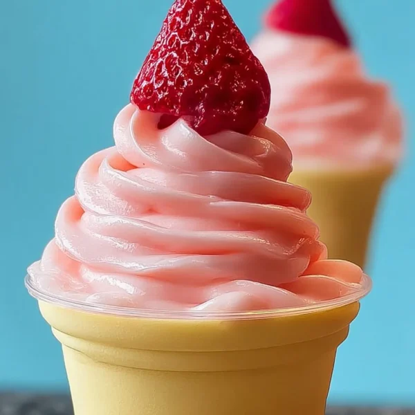 Delicious homemade Strawberry Dole Whip dessert in a bowl with a cherry on top