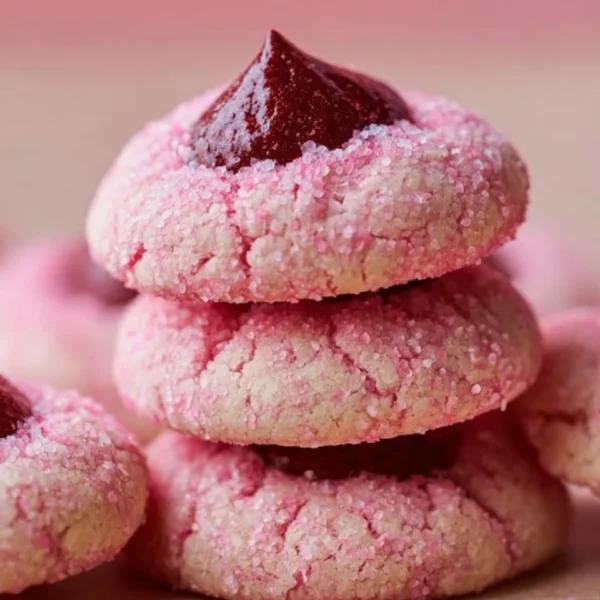 Freshly baked Strawberry Kiss Cookies with strawberry icing on a plate