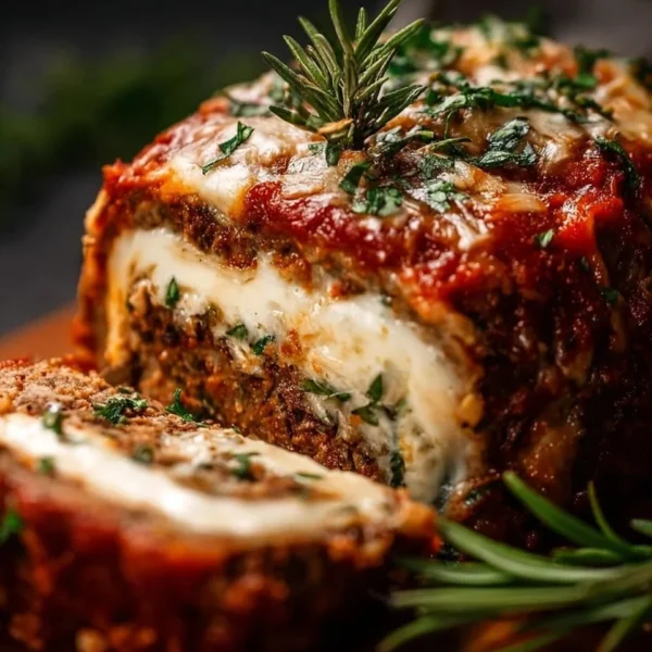 A beautifully presented stuffed Italian meatloaf on a serving platter.