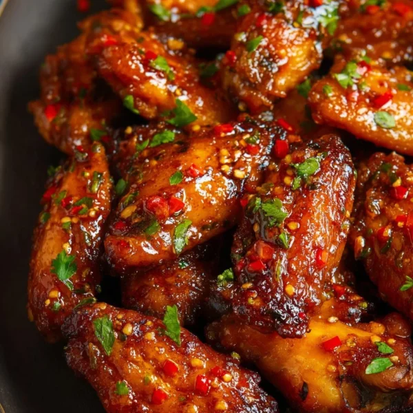 Delicious sweet and spicy chicken wings garnished with herbs