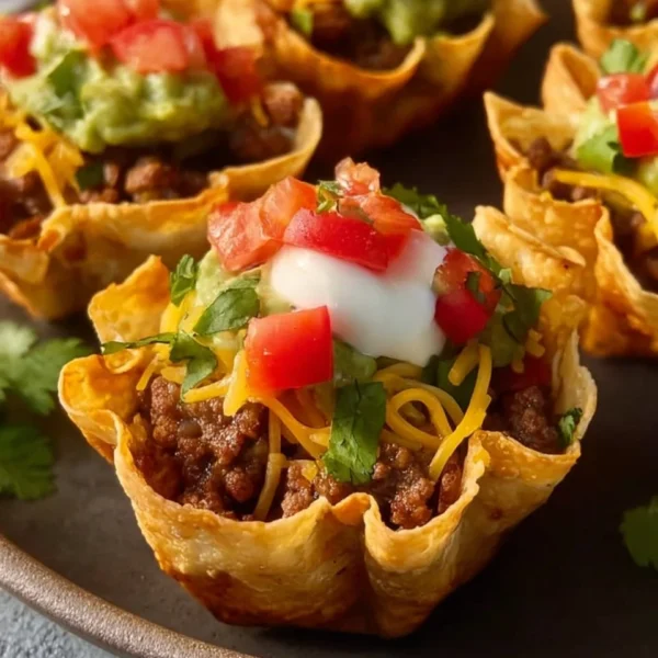 Taco cups filled with vibrant toppings and served on a platter