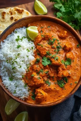 Delicious plate of butter chicken served with rice and naan