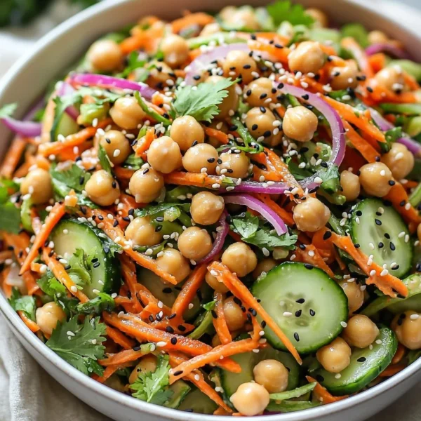 Asian cucumber and chickpea slaw topped with sesame dressing