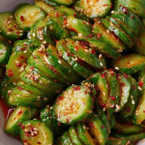 Asian spicy cucumber salad with vibrant colors and fresh ingredients