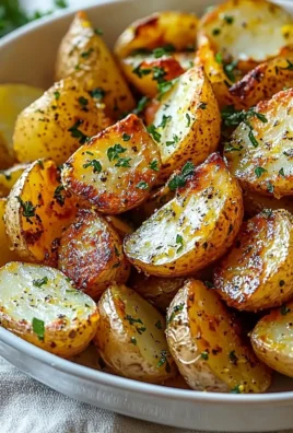 Delicious crispy lemon Greek potatoes served in a rustic dish