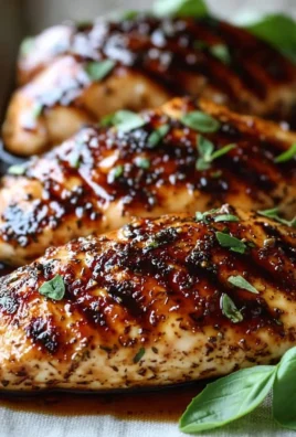 Delicious balsamic baked chicken breast served on a plate with veggies.