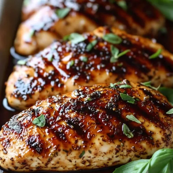 Delicious balsamic baked chicken breast served on a plate with veggies.