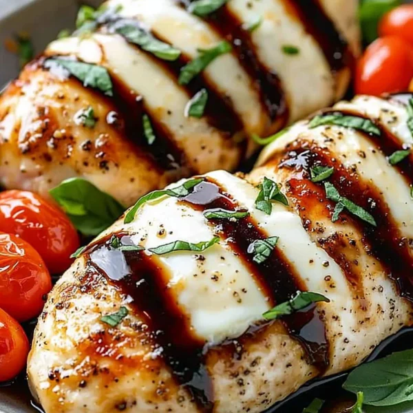 Balsamic Baked Chicken Breast with melted Mozzarella Cheese on top