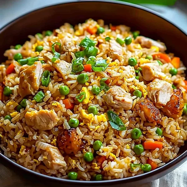 Plate of Bang Bang Fried Rice garnished with vegetables and spices