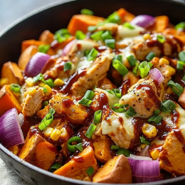 BBQ chicken sweet potato skillet cooked in one pan for a quick dinner
