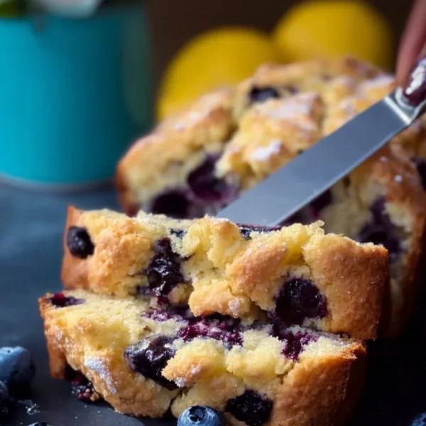 Delicious Blueberry Lemon Loaf with blueberries and lemon zest on a platter