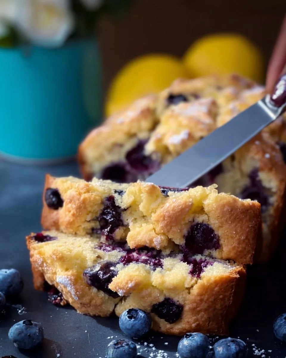 Delicious Blueberry Lemon Loaf with blueberries and lemon zest on a platter