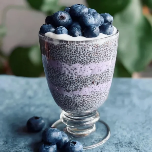 Delicious bowl of blueberry chia pudding topped with fresh blueberries