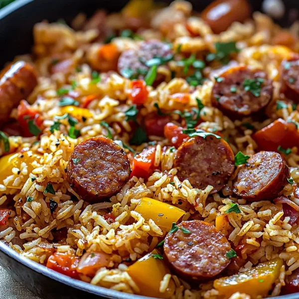 Delicious Cajun Sausage and Rice Skillet ready to serve in a cast-iron pan.
