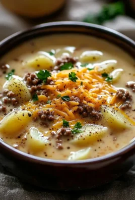 A bowl of cheesy hamburger potato soup garnished with herbs and cheese