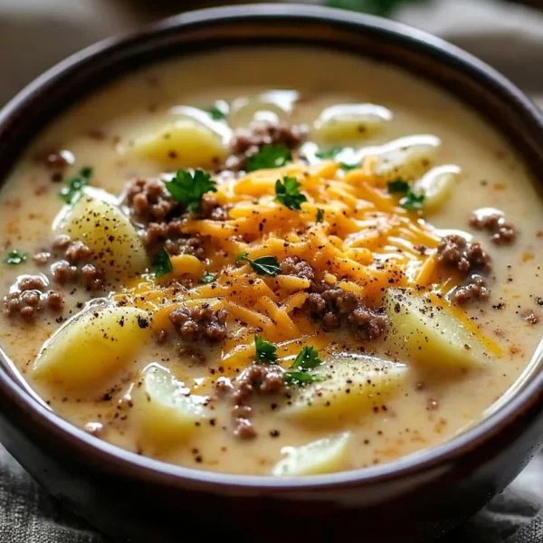 A bowl of cheesy hamburger potato soup garnished with herbs and cheese