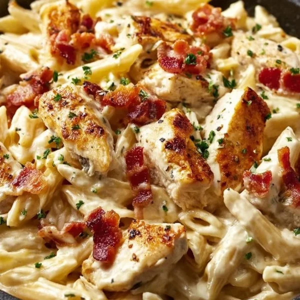 Delicious Chicken Bacon Ranch Pasta served in a bowl with herbs