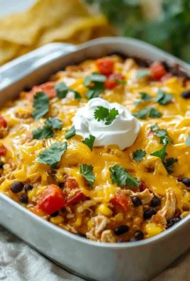 Delicious chicken taco casserole served in a baking dish with toppings