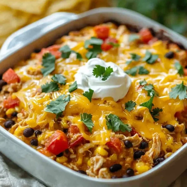 Delicious chicken taco casserole served in a baking dish with toppings