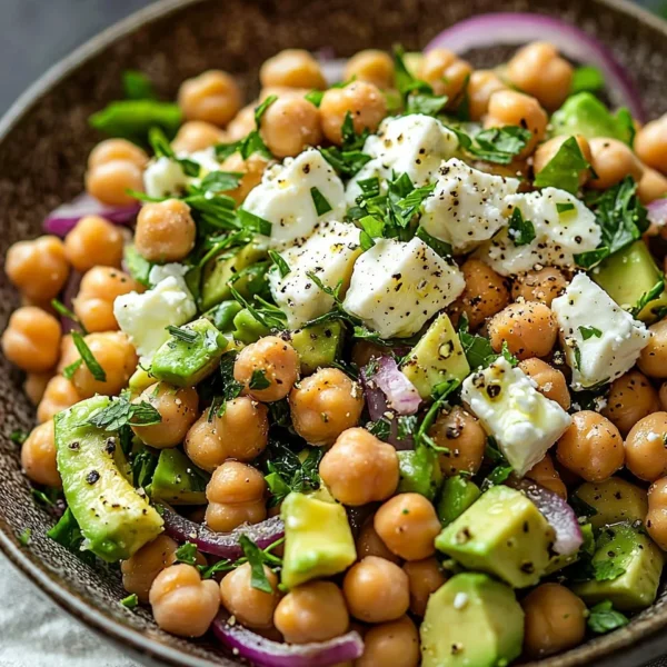 Chickpea Feta Avocado Salad with vibrant vegetables in a bowl