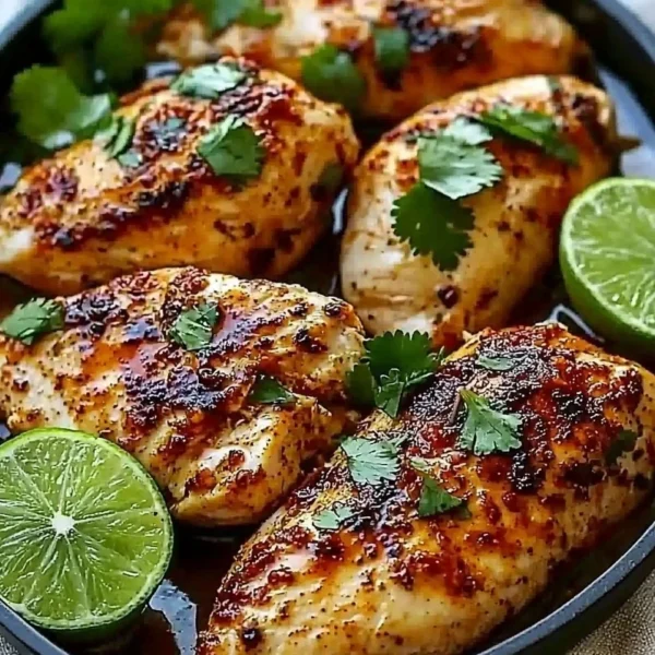 Grilled Chili Lime Chicken garnished with fresh herbs and lime slices.