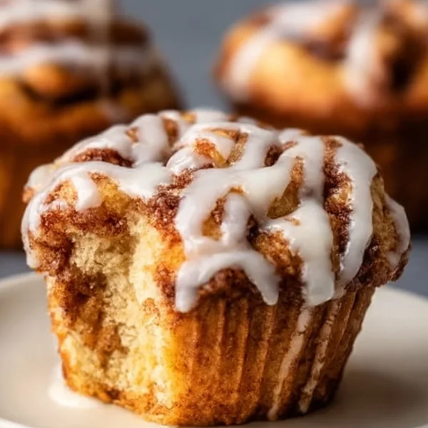 Freshly baked cinnamon roll muffins with a cinnamon swirl topping