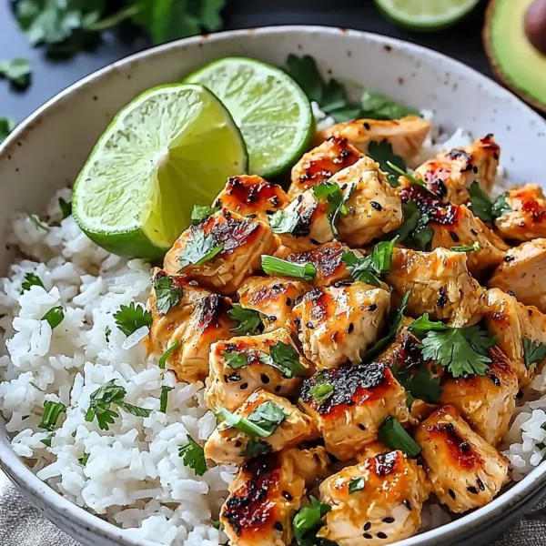 Coconut Chicken Rice Bowl with chicken, coconut rice, and fresh herbs
