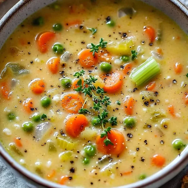 Bowl of comforting one-pot creamy vegetable soup with fresh vegetables.