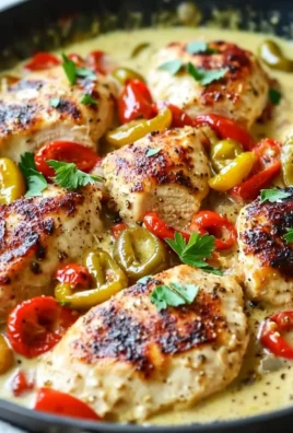 Creamy banana pepper chicken skillet dish garnished with fresh herbs